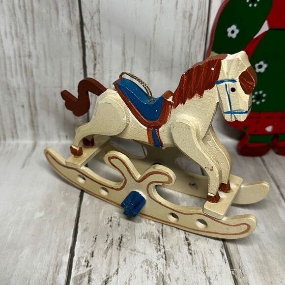 Vintage Wooden Christmas Ornaments 2 Rocking Horses Red Green Dress Lady - Picture 3 of 9